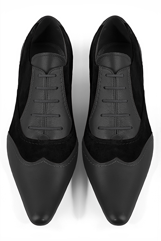 Dark grey and matt black lace-up dress shoes for men. Tapered toe. Flat leather soles. Top view - Florence KOOIJMAN
